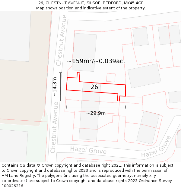 26, CHESTNUT AVENUE, SILSOE, BEDFORD, MK45 4GP: Plot and title map