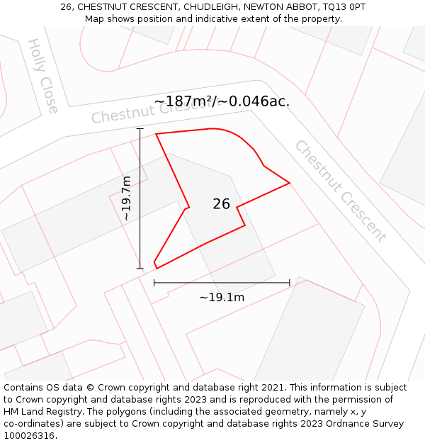 26, CHESTNUT CRESCENT, CHUDLEIGH, NEWTON ABBOT, TQ13 0PT: Plot and title map