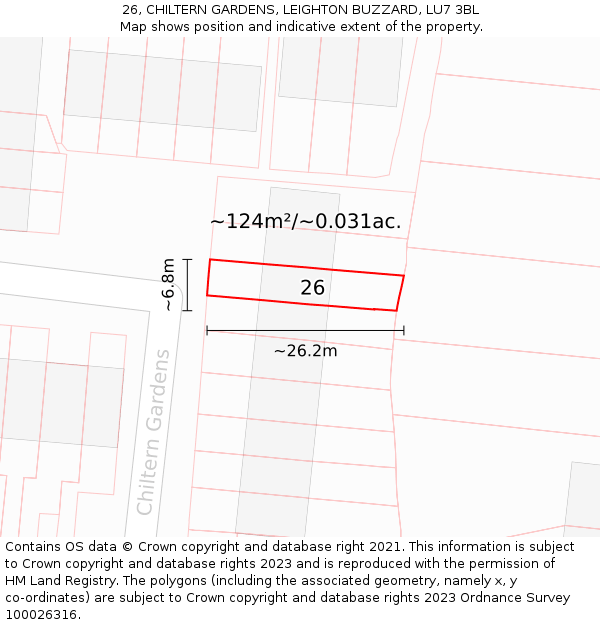 26, CHILTERN GARDENS, LEIGHTON BUZZARD, LU7 3BL: Plot and title map