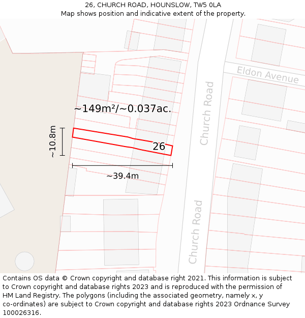 26, CHURCH ROAD, HOUNSLOW, TW5 0LA: Plot and title map