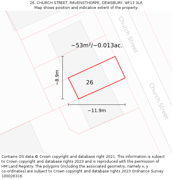 26, CHURCH STREET, RAVENSTHORPE, DEWSBURY, WF13 3LA: Plot and title map
