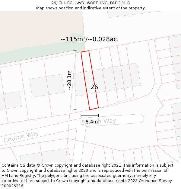 26, CHURCH WAY, WORTHING, BN13 1HD: Plot and title map