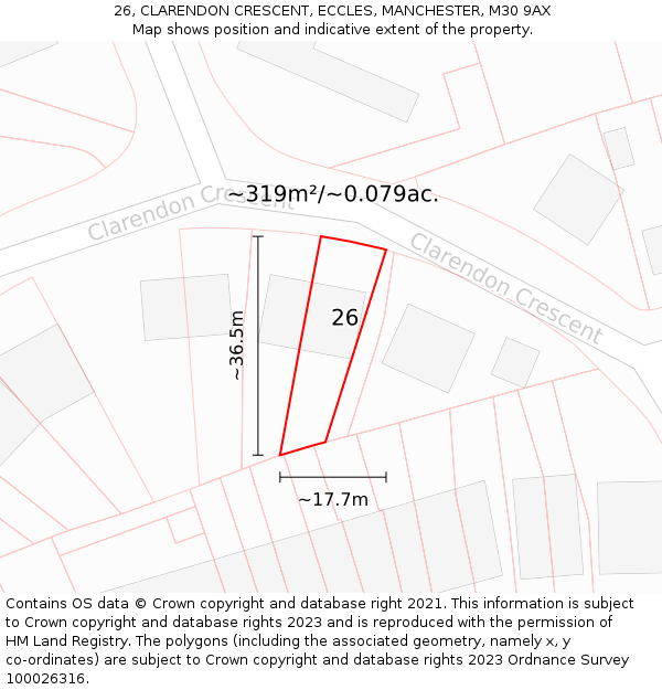 26, CLARENDON CRESCENT, ECCLES, MANCHESTER, M30 9AX: Plot and title map