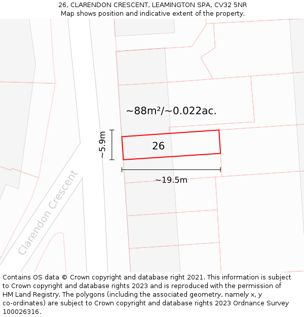26, CLARENDON CRESCENT, LEAMINGTON SPA, CV32 5NR: Plot and title map