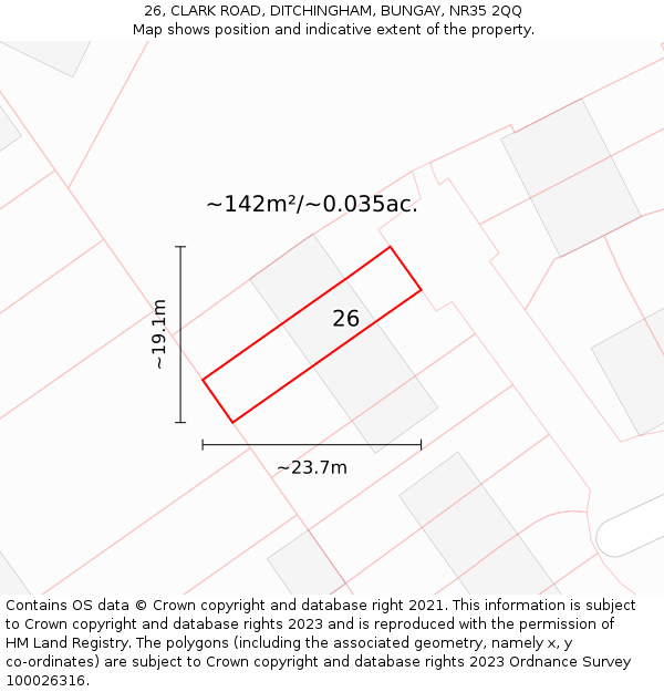 26, CLARK ROAD, DITCHINGHAM, BUNGAY, NR35 2QQ: Plot and title map