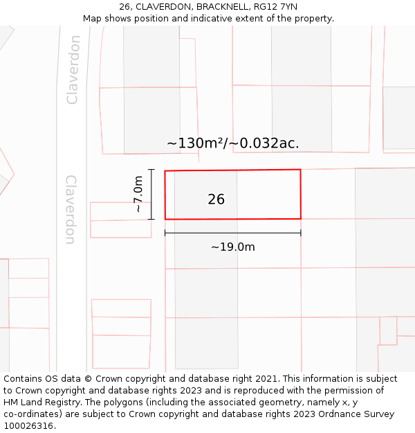 26, CLAVERDON, BRACKNELL, RG12 7YN: Plot and title map
