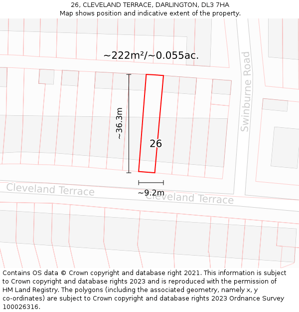 26, CLEVELAND TERRACE, DARLINGTON, DL3 7HA: Plot and title map