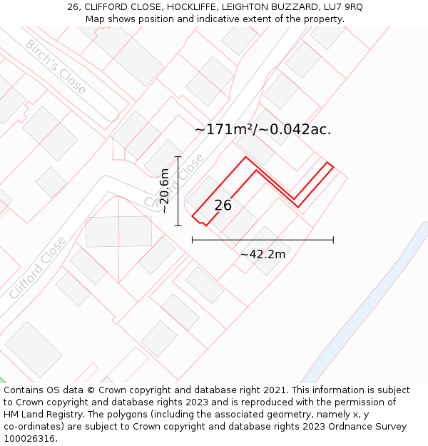26, CLIFFORD CLOSE, HOCKLIFFE, LEIGHTON BUZZARD, LU7 9RQ: Plot and title map