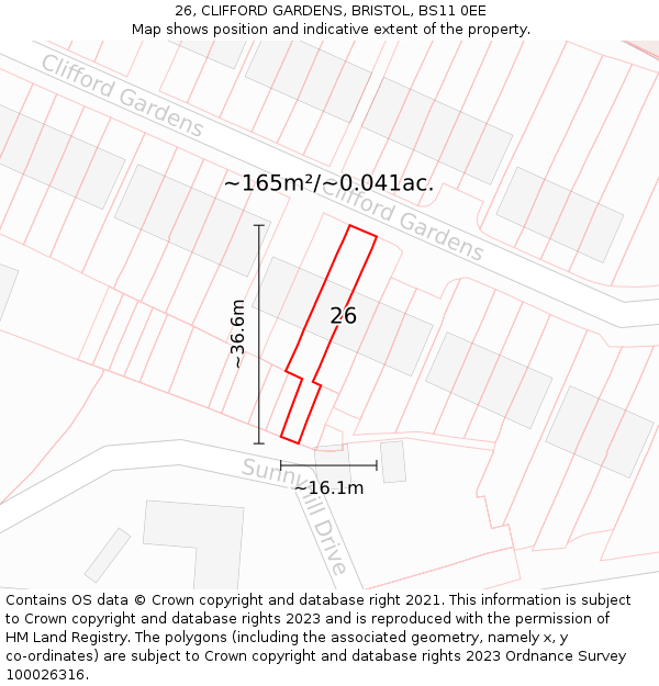 26, CLIFFORD GARDENS, BRISTOL, BS11 0EE: Plot and title map