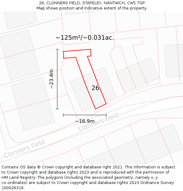 26, CLONNERS FIELD, STAPELEY, NANTWICH, CW5 7GP: Plot and title map