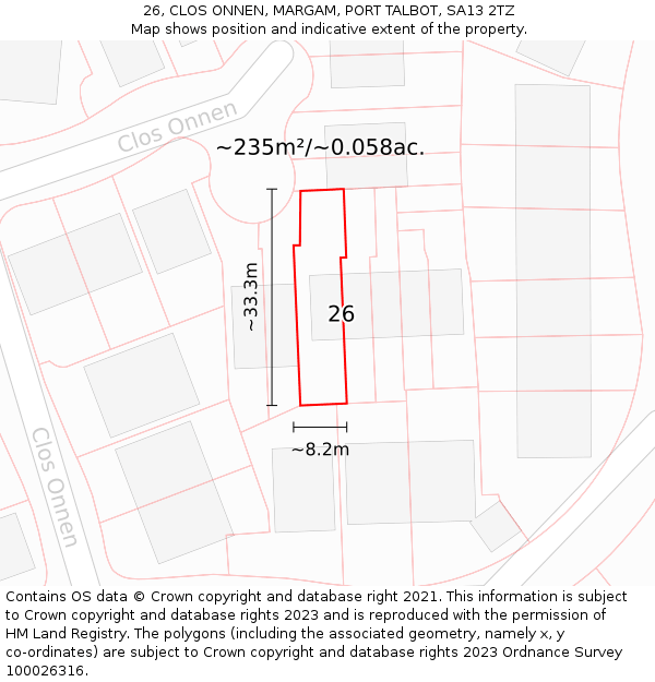 26, CLOS ONNEN, MARGAM, PORT TALBOT, SA13 2TZ: Plot and title map