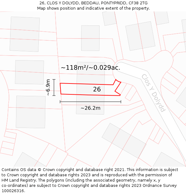 26, CLOS Y DOLYDD, BEDDAU, PONTYPRIDD, CF38 2TG: Plot and title map