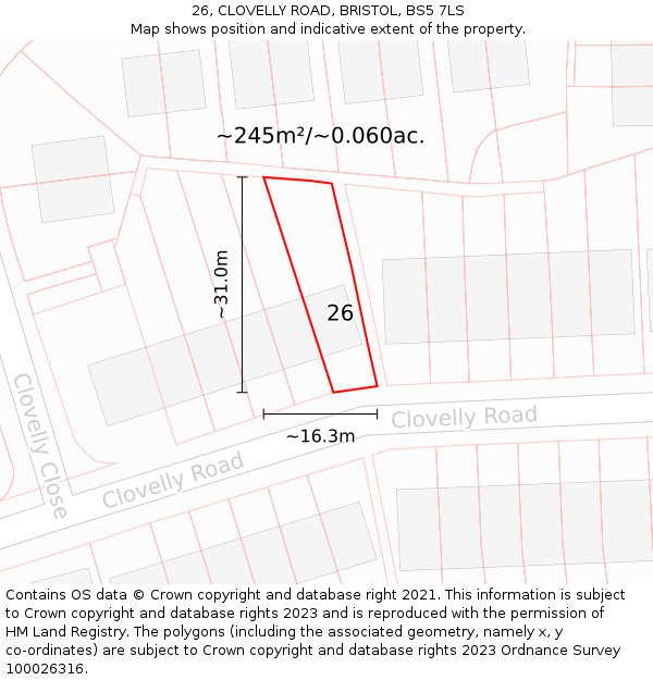 26, CLOVELLY ROAD, BRISTOL, BS5 7LS: Plot and title map