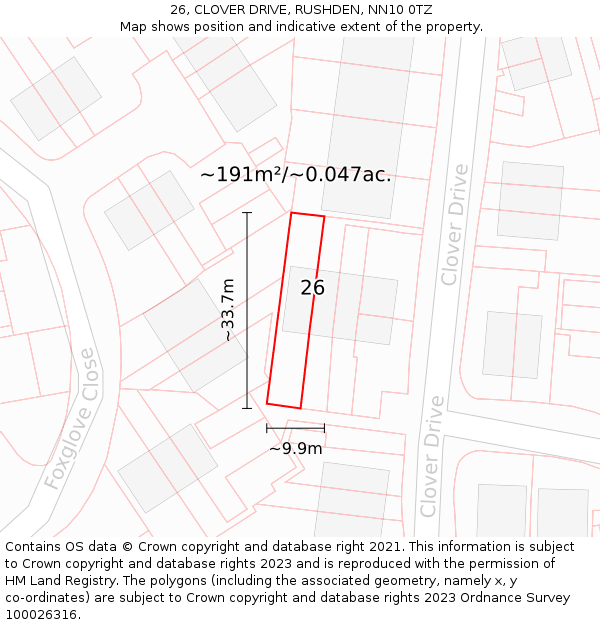 26, CLOVER DRIVE, RUSHDEN, NN10 0TZ: Plot and title map