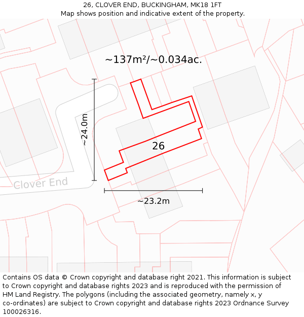 26, CLOVER END, BUCKINGHAM, MK18 1FT: Plot and title map