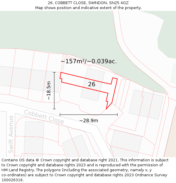 26, COBBETT CLOSE, SWINDON, SN25 4GZ: Plot and title map