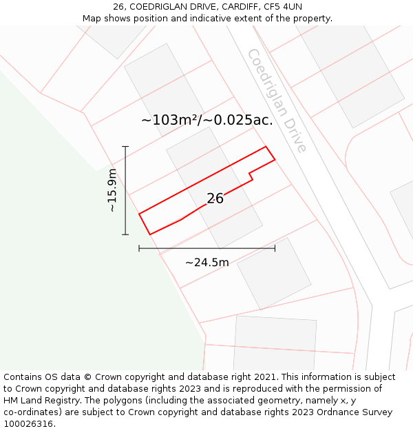 26, COEDRIGLAN DRIVE, CARDIFF, CF5 4UN: Plot and title map