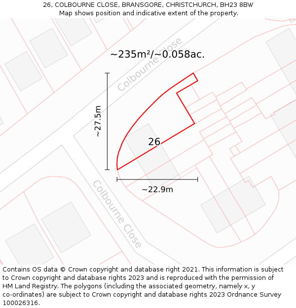 26, COLBOURNE CLOSE, BRANSGORE, CHRISTCHURCH, BH23 8BW: Plot and title map