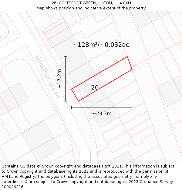 26, COLTSFOOT GREEN, LUTON, LU4 0XN: Plot and title map