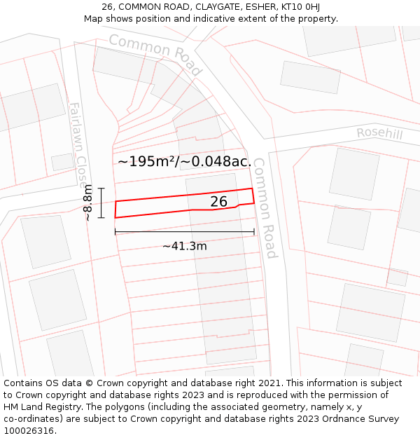 26, COMMON ROAD, CLAYGATE, ESHER, KT10 0HJ: Plot and title map