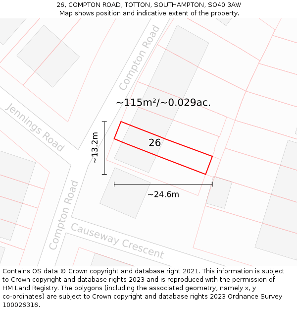 26, COMPTON ROAD, TOTTON, SOUTHAMPTON, SO40 3AW: Plot and title map
