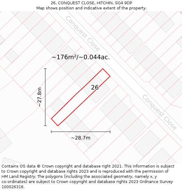 26, CONQUEST CLOSE, HITCHIN, SG4 9DP: Plot and title map