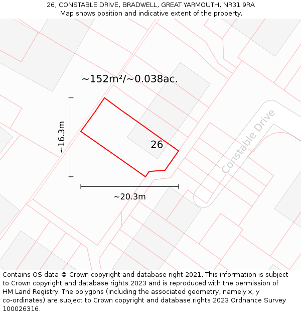 26, CONSTABLE DRIVE, BRADWELL, GREAT YARMOUTH, NR31 9RA: Plot and title map