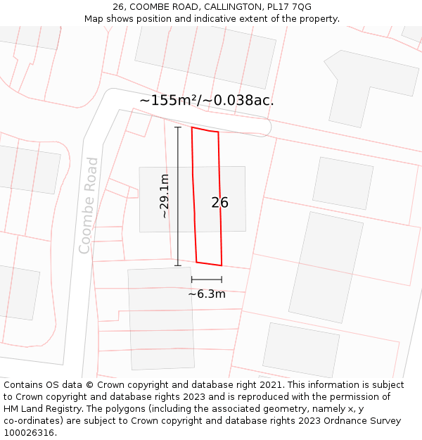 26, COOMBE ROAD, CALLINGTON, PL17 7QG: Plot and title map