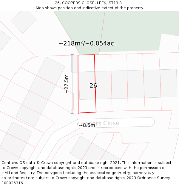 26, COOPERS CLOSE, LEEK, ST13 8JL: Plot and title map