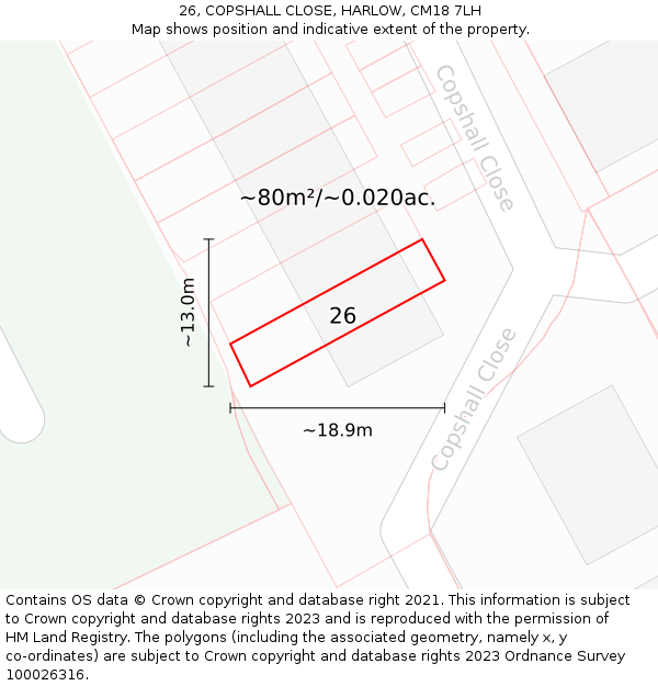 26, COPSHALL CLOSE, HARLOW, CM18 7LH: Plot and title map