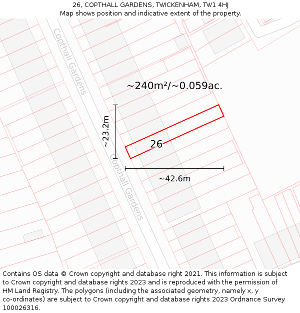26, COPTHALL GARDENS, TWICKENHAM, TW1 4HJ: Plot and title map