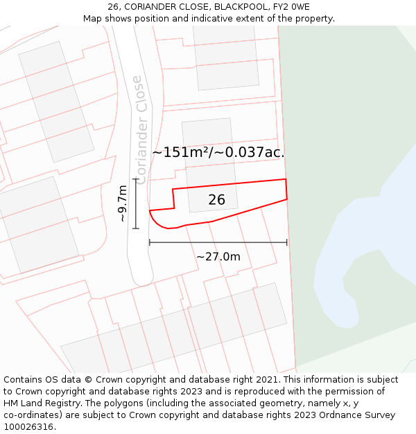 26, CORIANDER CLOSE, BLACKPOOL, FY2 0WE: Plot and title map