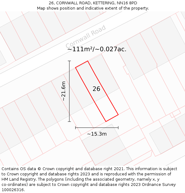 26, CORNWALL ROAD, KETTERING, NN16 8PD: Plot and title map
