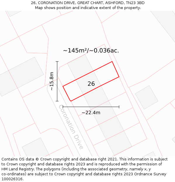 26, CORONATION DRIVE, GREAT CHART, ASHFORD, TN23 3BD: Plot and title map