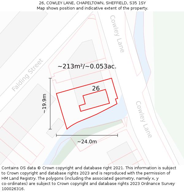 26, COWLEY LANE, CHAPELTOWN, SHEFFIELD, S35 1SY: Plot and title map