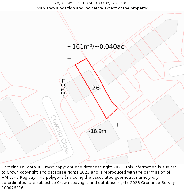 26, COWSLIP CLOSE, CORBY, NN18 8LF: Plot and title map