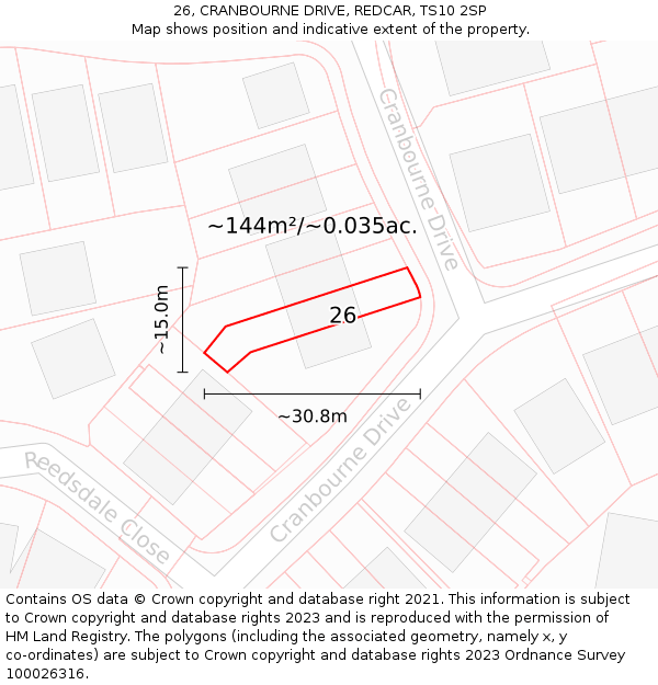 26, CRANBOURNE DRIVE, REDCAR, TS10 2SP: Plot and title map
