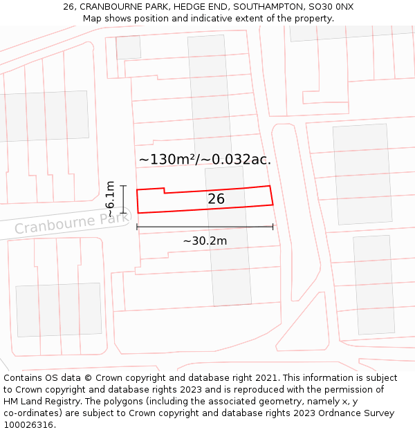 26, CRANBOURNE PARK, HEDGE END, SOUTHAMPTON, SO30 0NX: Plot and title map