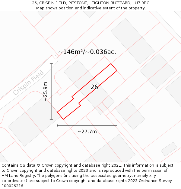 26, CRISPIN FIELD, PITSTONE, LEIGHTON BUZZARD, LU7 9BG: Plot and title map