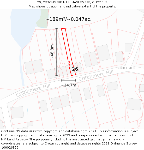 26, CRITCHMERE HILL, HASLEMERE, GU27 1LS: Plot and title map