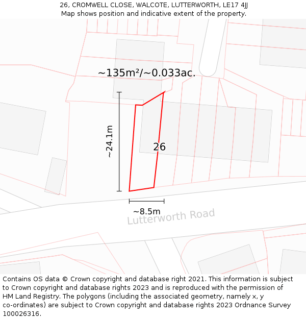 26, CROMWELL CLOSE, WALCOTE, LUTTERWORTH, LE17 4JJ: Plot and title map