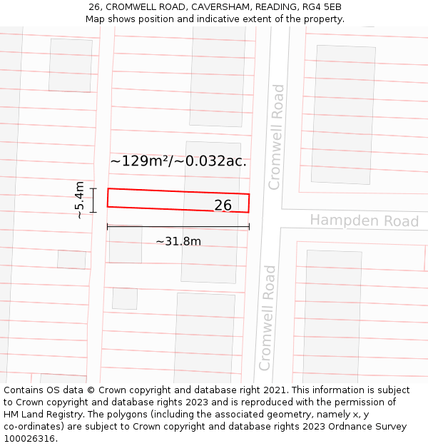 26, CROMWELL ROAD, CAVERSHAM, READING, RG4 5EB: Plot and title map