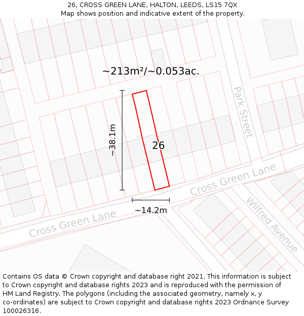 26, CROSS GREEN LANE, HALTON, LEEDS, LS15 7QX: Plot and title map