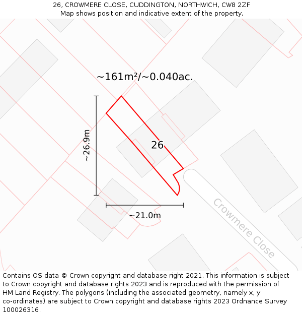 26, CROWMERE CLOSE, CUDDINGTON, NORTHWICH, CW8 2ZF: Plot and title map
