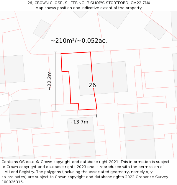 26, CROWN CLOSE, SHEERING, BISHOP'S STORTFORD, CM22 7NX: Plot and title map