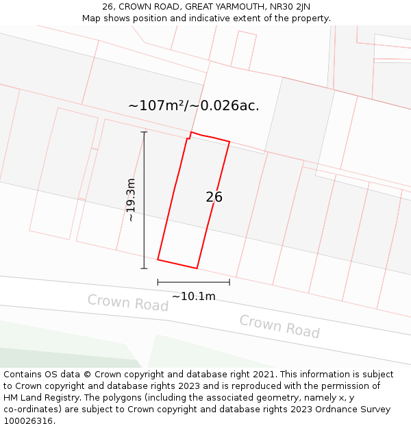 26, CROWN ROAD, GREAT YARMOUTH, NR30 2JN: Plot and title map