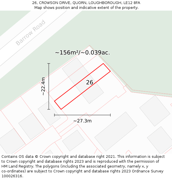 26, CROWSON DRIVE, QUORN, LOUGHBOROUGH, LE12 8FA: Plot and title map