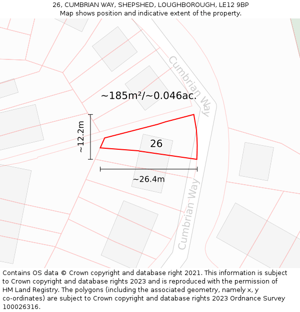 26, CUMBRIAN WAY, SHEPSHED, LOUGHBOROUGH, LE12 9BP: Plot and title map