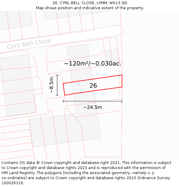 26, CYRIL BELL CLOSE, LYMM, WA13 0JS: Plot and title map