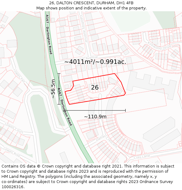 26, DALTON CRESCENT, DURHAM, DH1 4FB: Plot and title map